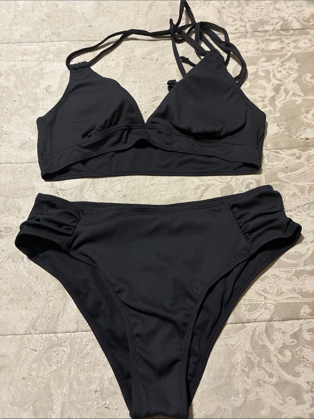 SHEIN Black Ribbed Strappy Triangle Bikini Set